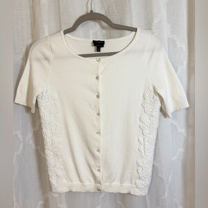 Talbots Cream Button-Down Short Sleeve Cardigan with Floral Accents | Petite